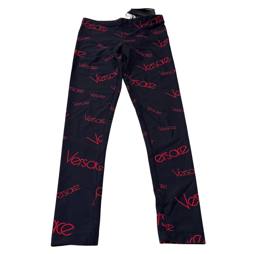 VERSACE Women's Navy Red Script Logo Print Leggings IT36/US0/XXS NWT